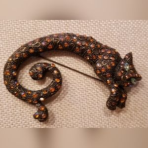 Leopard Brooch bronze metalic with amber coloured rhinestones NEW